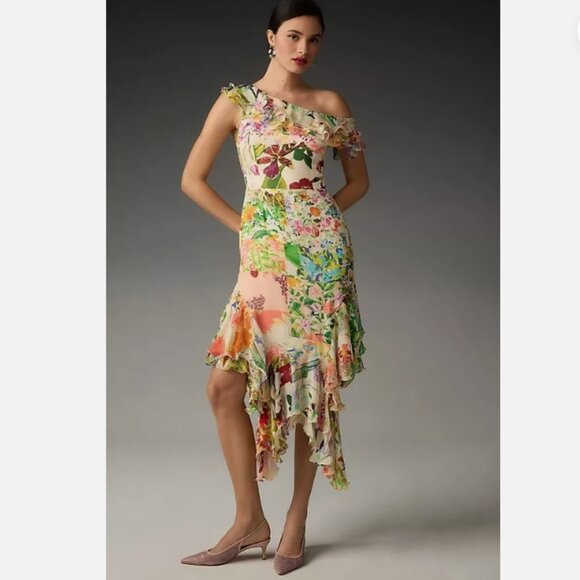 Brand New Mandira Wirk Asymmetrical Floral Midi Dress - Picture 1 of 11